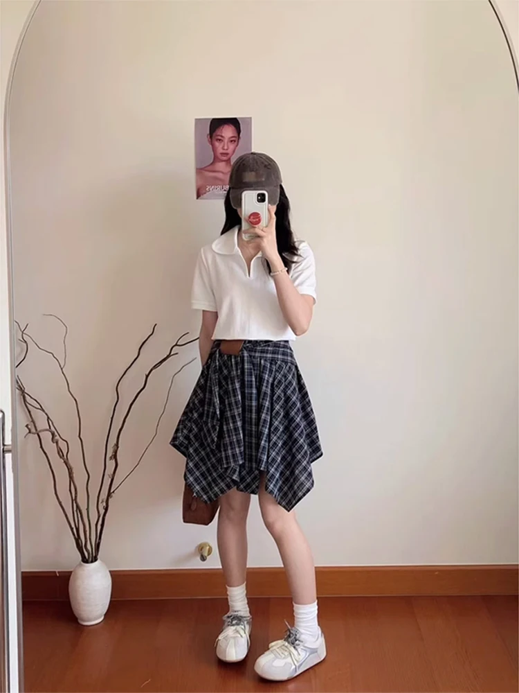 Saia xadrez preta e branca evasê feminina verão novo design bainha assimétrica viajante vintage patchwork cintura alta...