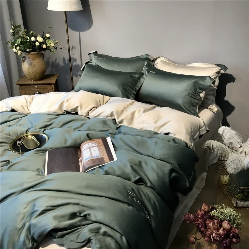 Solid color 80 Lenzing Tencel four-piece set, simple embroidered quilt cover, silky smooth and cool, sleeping naked on the bed