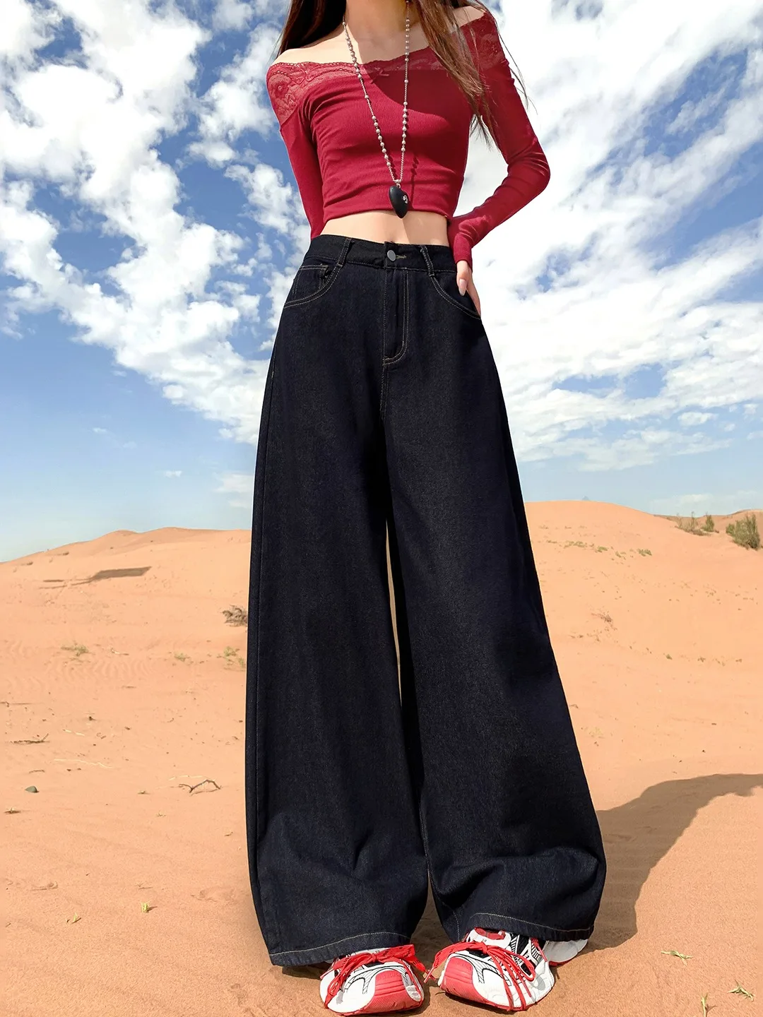 

Джинсы с высокой талией и широкими штанинами, синие, прямого кроя, с эффектом похудения, весна-лето, американский стиль, женские модные повседневные брюки