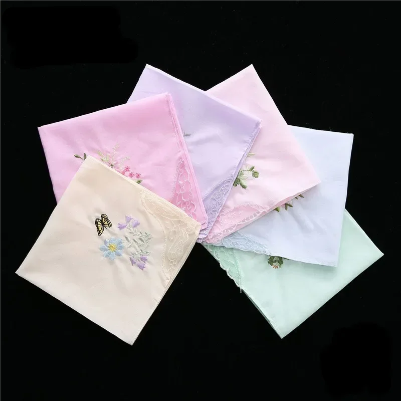 3Pcs 28x28cm 100% Cotton Flower Embroidery Reusable Square Towel Women Lady Handkerchief Wedding Party Gift