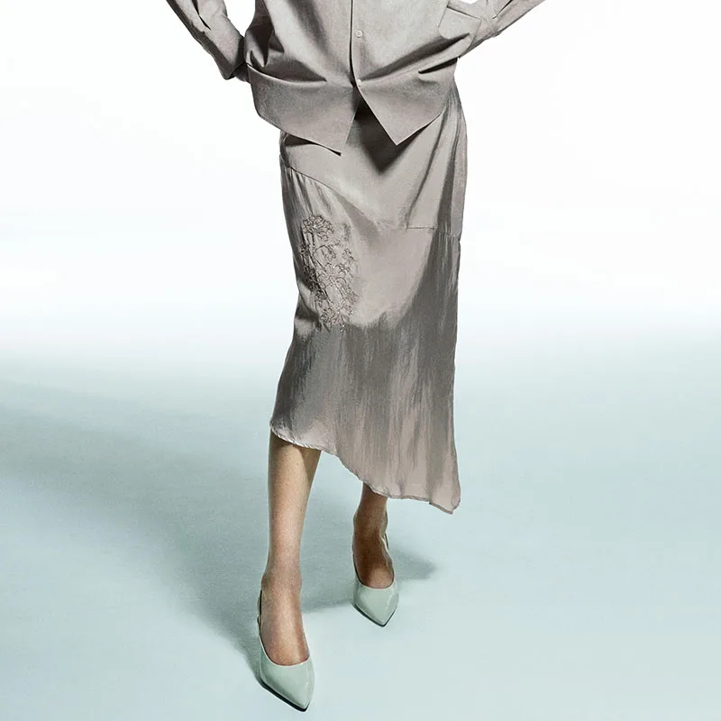 New Summer Women's Embroidered Asymmetric High Waist Midi Skirt Street Sle Straight Leg mid Length Pure Color Other Material