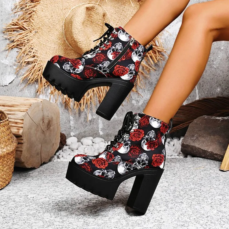 جديد مطبوعة سميكة سوليد أحذية بوت قصيرة جولة تو الجبهة الدانتيل متابعة لينة وحيد عدم الانزلاق كعب سميك كعب جلد حذاء بوت بطول الكاحل بوتاس موهير #4