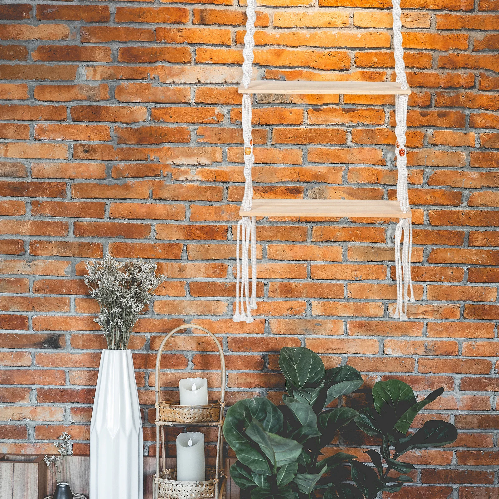 

Boho Woven Wall Hanging Shelf Double Layer Nordic Style Macrame Plant Display Shelf for Living Room Bedroom Bathroom Office