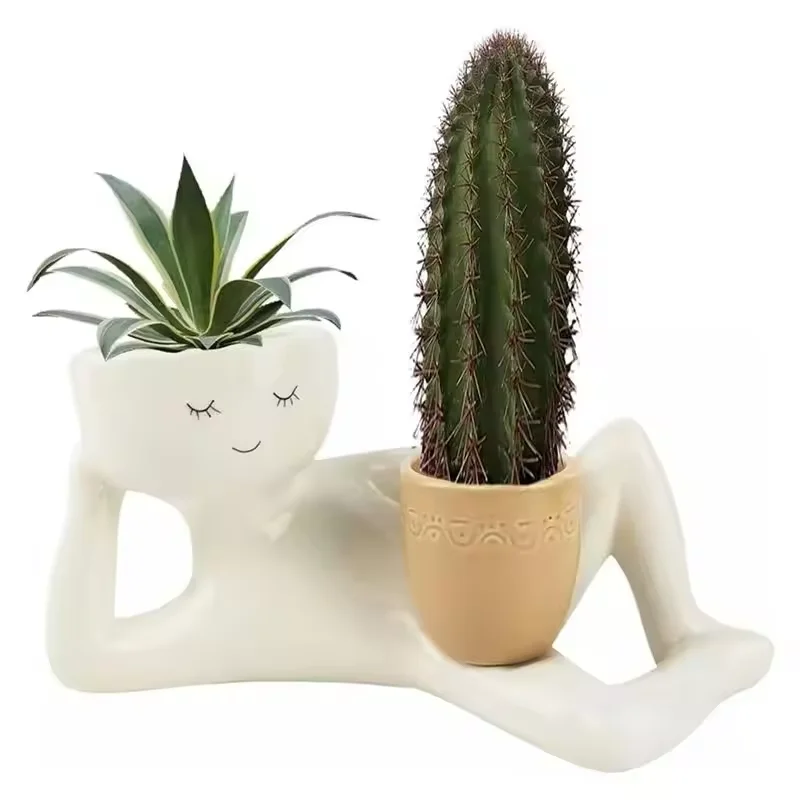 Lazy Little Guy Planter Unique Lying Down Figure Holding Pot Succulent Planter Funny Cute Head Flower Pot Home Garden Decoration