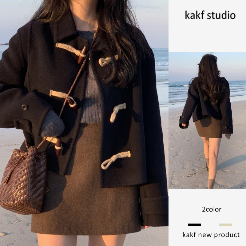 

Корейское шерстяное пальто в стиле ретро с воротником на пуговицах, твидовое женское пальто Faion для поездок на работу, прямой крой