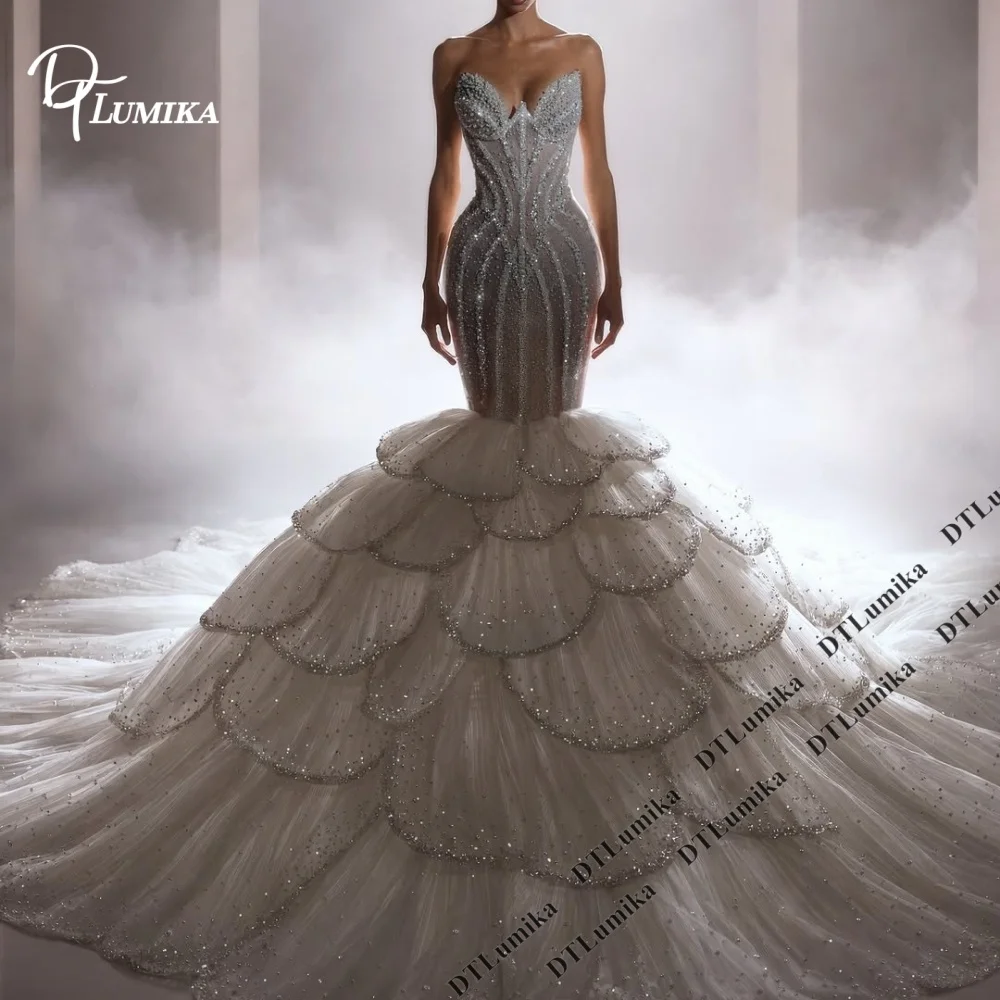 Vertical Rhinestone Mermaid Wedding Dress Petal Layer Glitter Tulle Bridal Gown Made-to-Order Extra Long Train Bride Dress