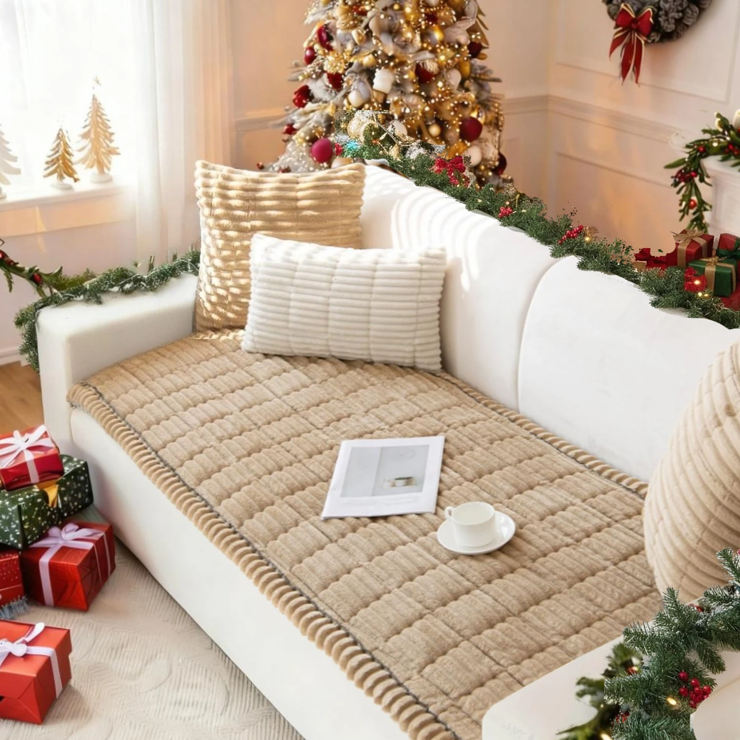 Thick Sofa Covers Soft Fuzzy Corduroy Universal Non-Slip Corner Couch Slipcover Washable Furniture Protector for Living Room Pet