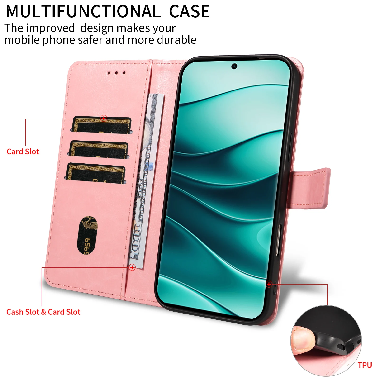 Für Redmi Note 8/9/10/11/12/13/14/15Pro Wallet-Handyhülle mit geprägtem Standfuß und Schutzhülle aus Kunstleder – Detail 6