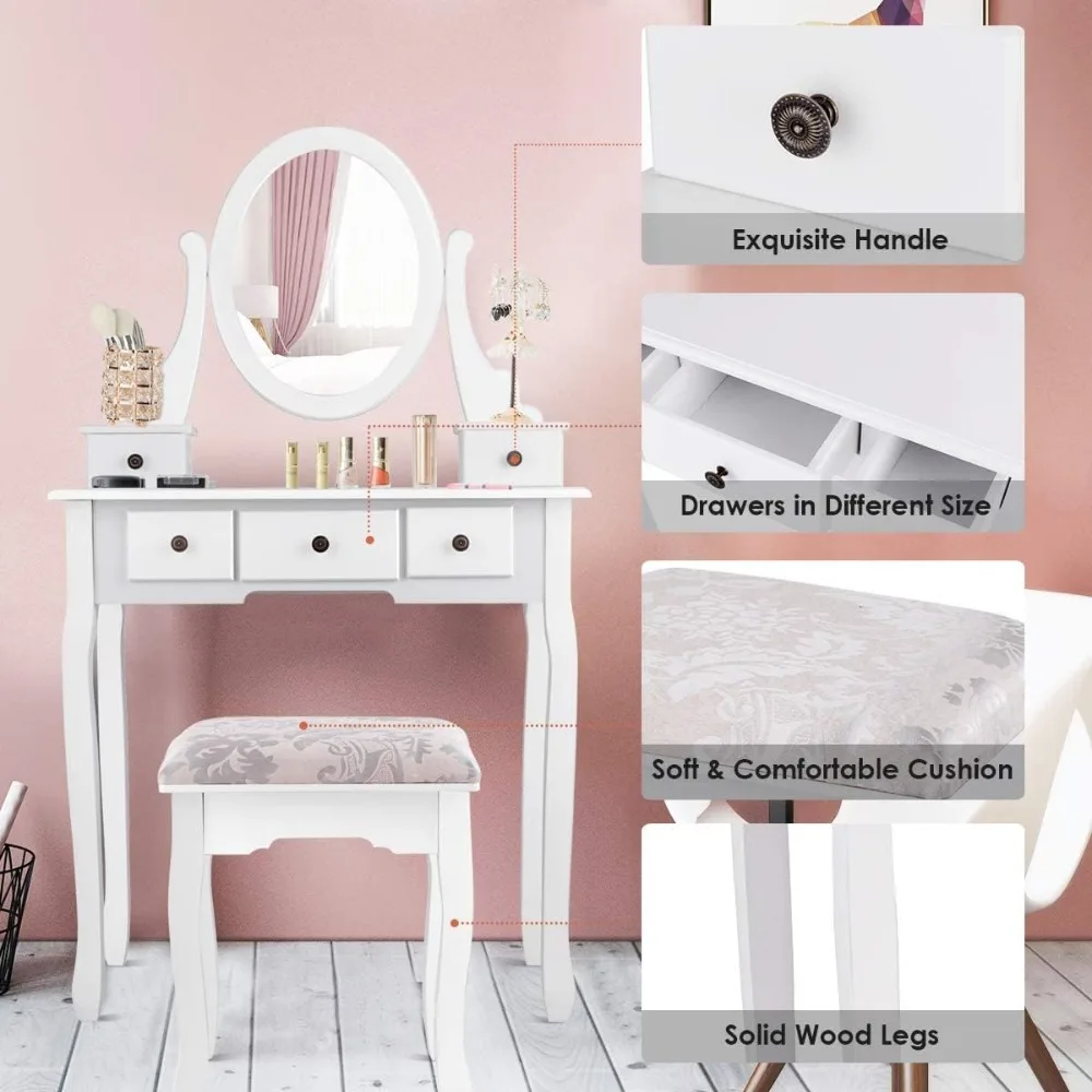 

Makeup Table with Mirror and Drawers, White Bedroom Vanity with Cushioned Stools