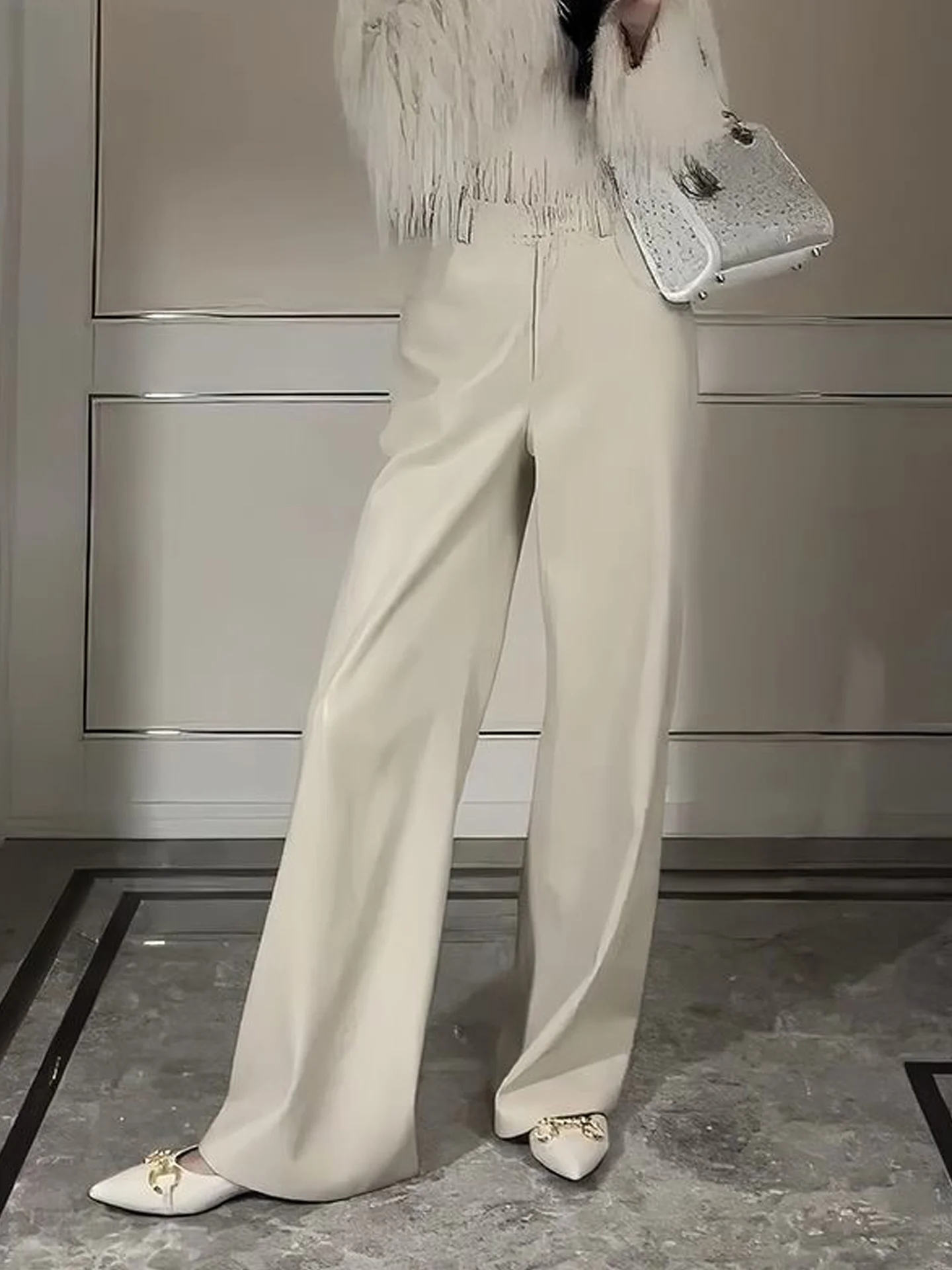 

Korean Sle High Waist Slimming Simple Faion PU Leather Straight Leg Pants Women's Mature Sle Dra Versatile Floor-Le...