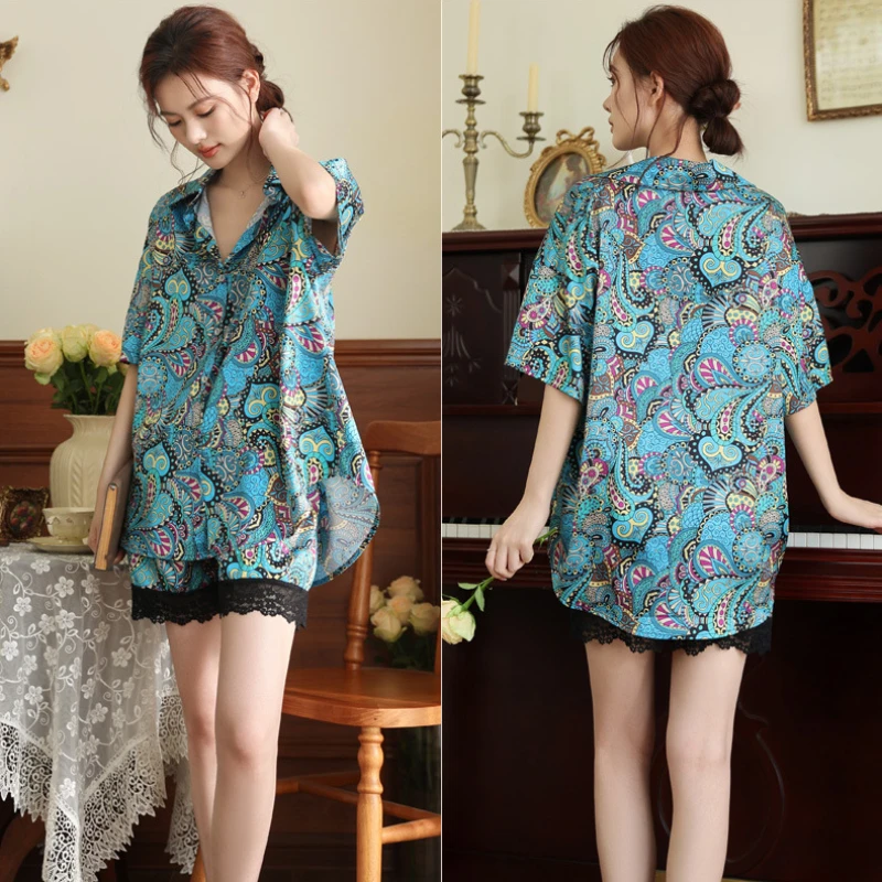 أطقم بيجامات حريمي من الساتان ملابس نوم صيفية ملابس نوم مطبوعة باللون الأزرق ملابس نوم من الحرير الجليدي قمصان نوم شورت بيجامات طقم مكون من قطعتين