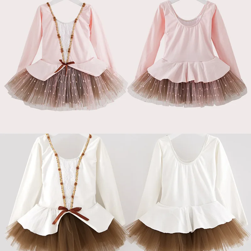 Новое танцевальное платье с длинным рукавом для девочек, хлопковая балетная одежда с тюлем, балетное платье для малышей, детское платье-пачка, детские танцевальные юбки