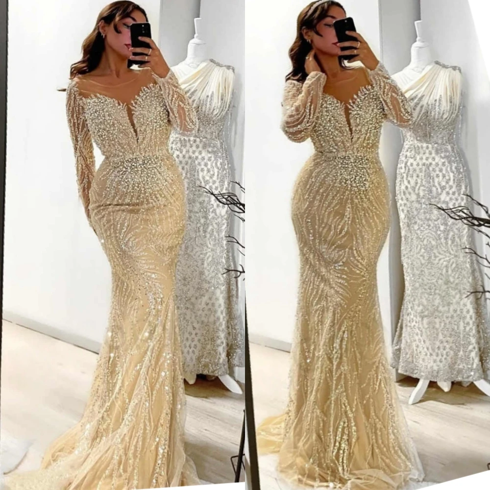 

Customized Exquisite Tulle O-Neck Evening Dress Delicate Beading Prom Dresses Temperament Long Sleeves Special Occasion Gowns