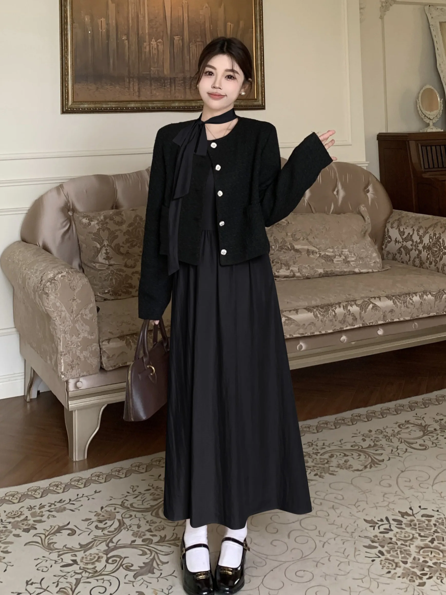

plus Size Women's Gentle Floral Windbreaker Long Sleeve round Neck Top And Dress Set Spring Season Casual Style High Waist Bu...