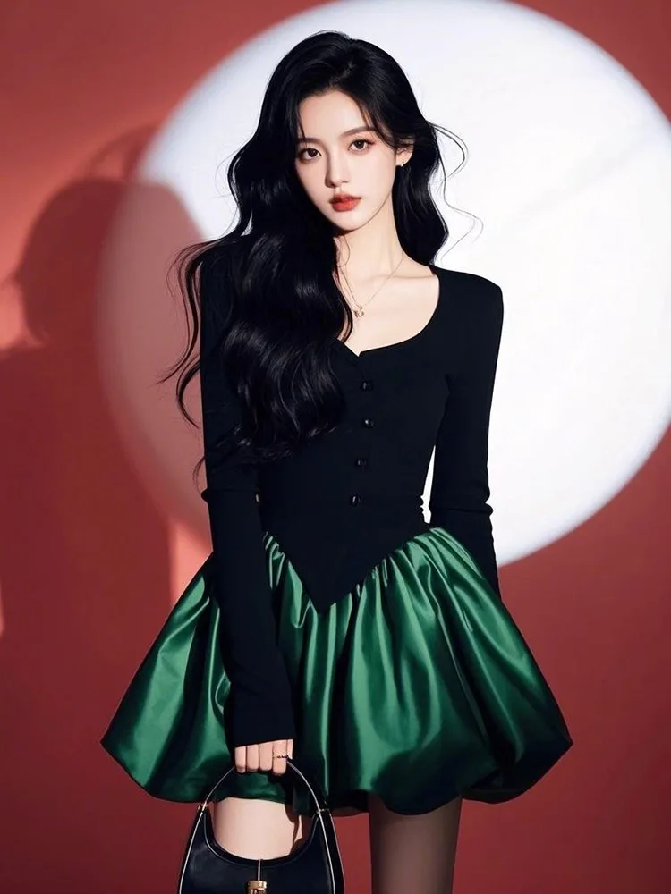 Spring Autumn Light Luxury Black Green Splicing Dress French Style Red Black Square Neck Mini Dresses Women Long Sleeve Fashion