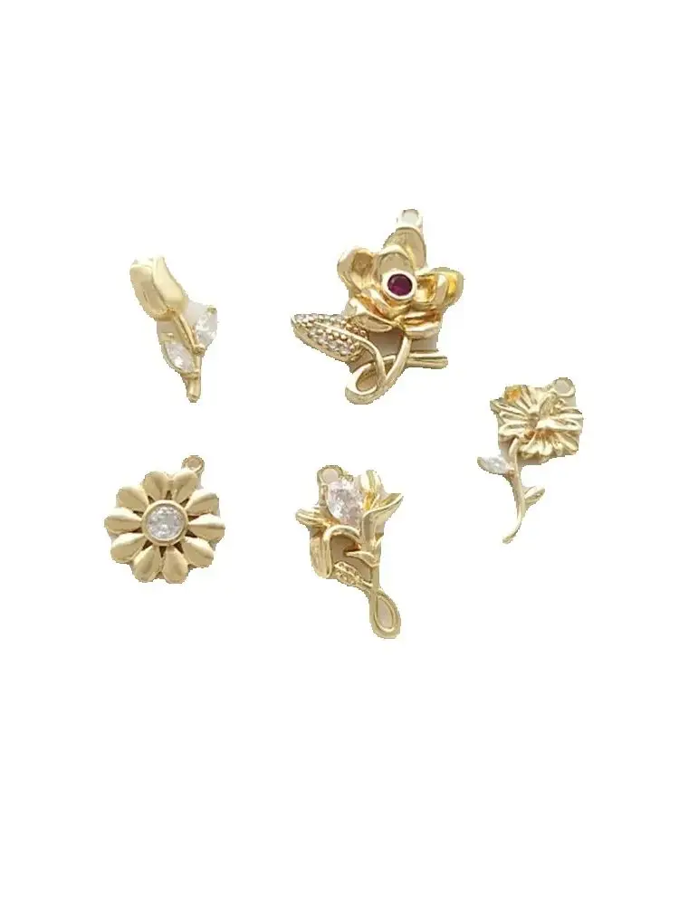 14K Pack Gold Color Preserving Zircon Small Daisy Tulip Rose Flower Pendant Handmade Earrings Bracelet Pendant