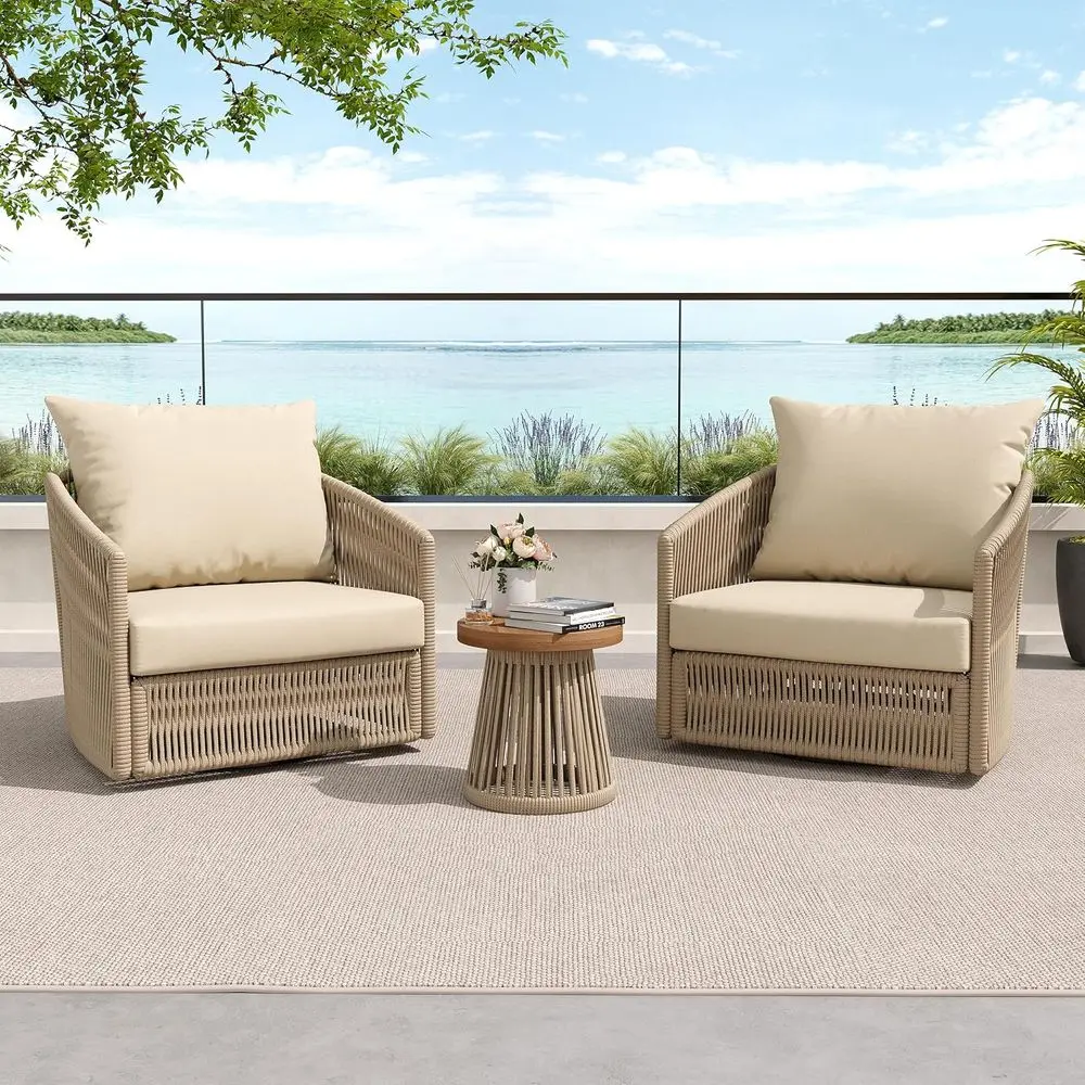 

3-Piece Outdoor Swivel Bistro Set with Coffee Table, Thick Cushions, and PE Wicker for Balcony, Garden, Poolside in Khaki