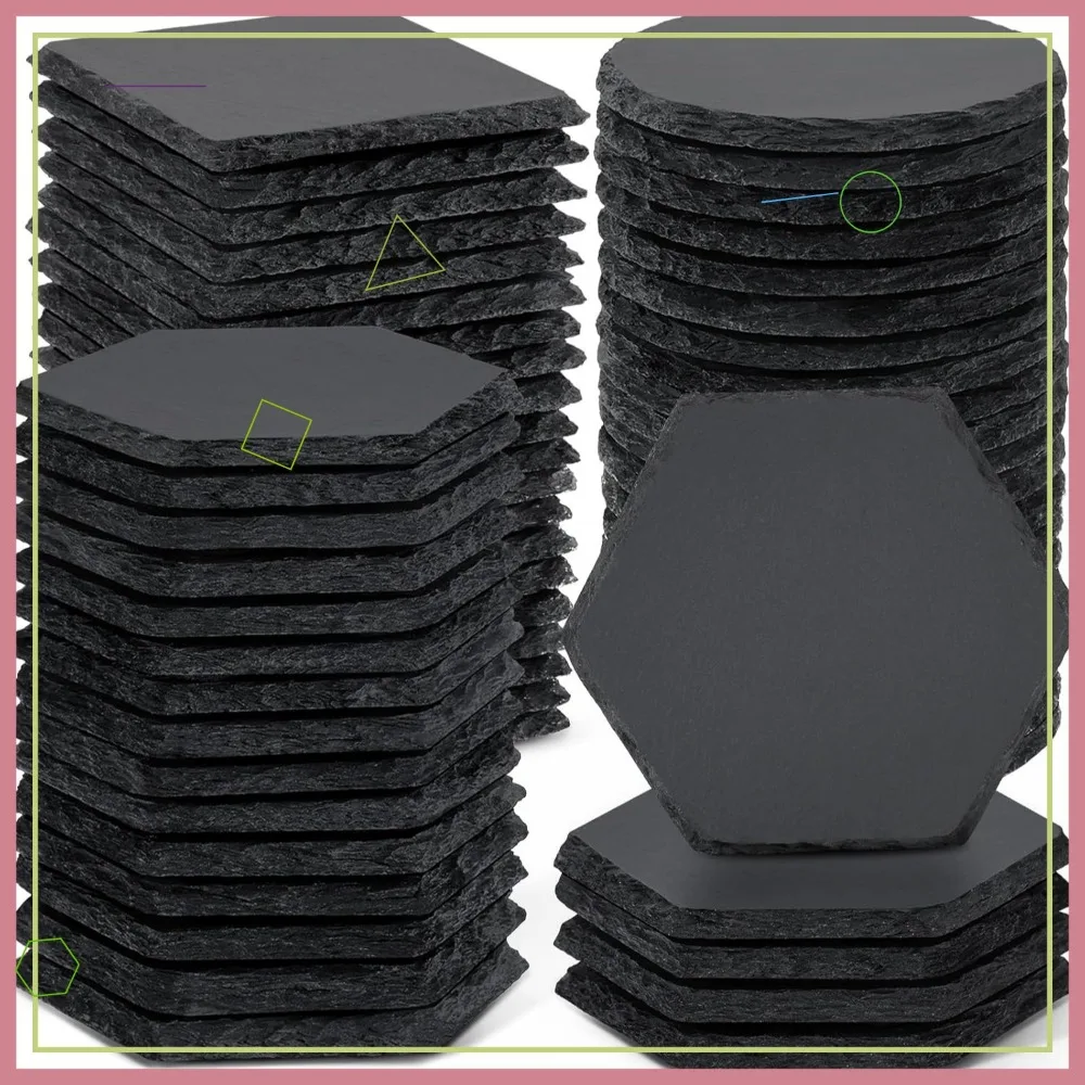 

60 PCS Black Slate Stone Coasters Bulk, 4 Inch Square Round Hexagon Shapes for Laser Engraving, Engravable Blanks Material Gifts