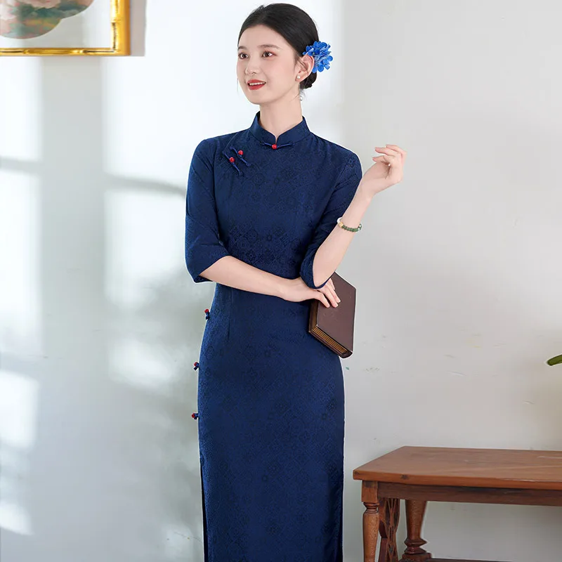 

Blue Republic of China Style Cheongsam с длинными рукавами, улучшенное 2320, новое женское облегающее платье Ципао в стиле ретро на весну и осень