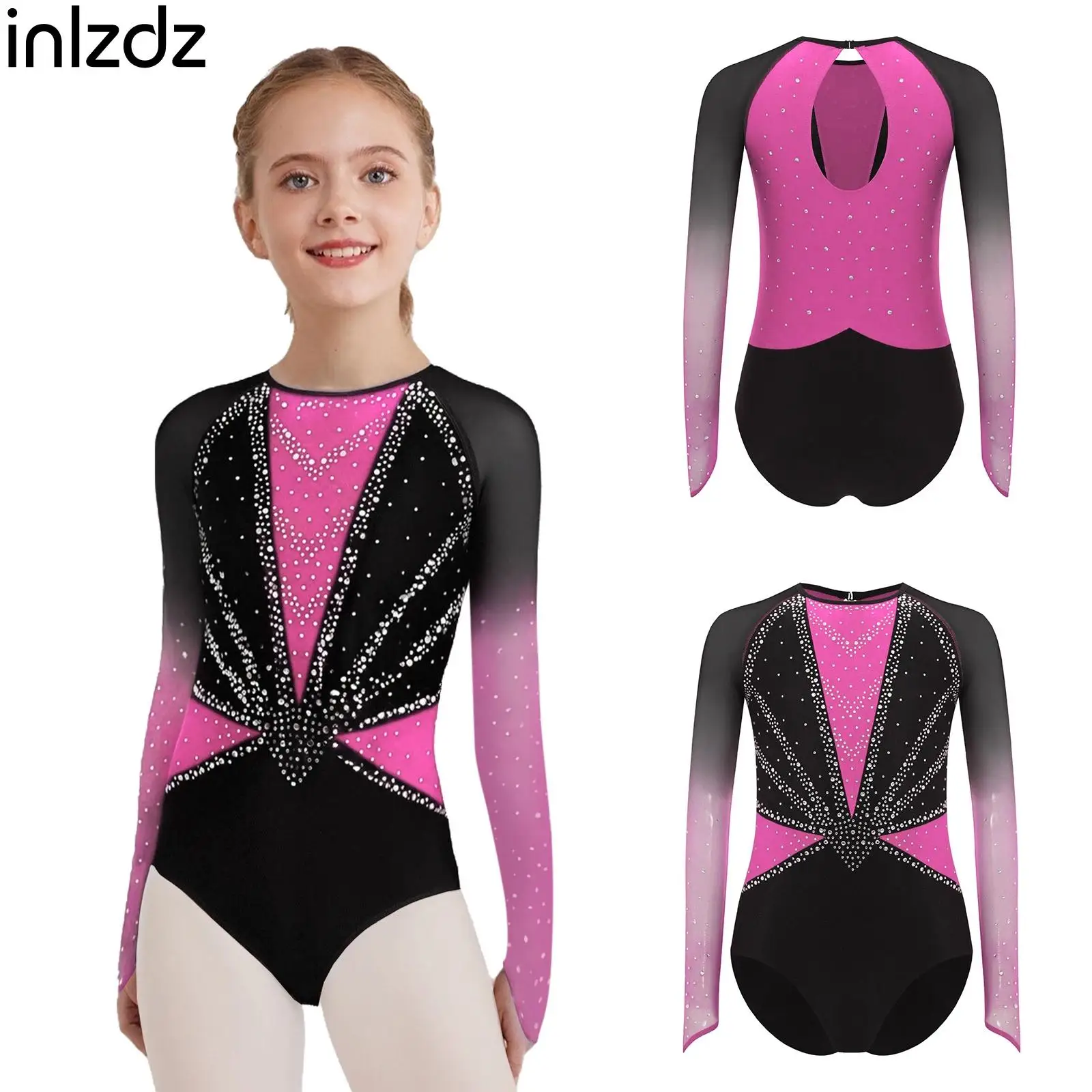 Collant de ginástica para meninas adolescentes, crianças, strass brilhantes, malha transparente, body, acrobacias, patinação artística no gelo, traje de dança de balé
