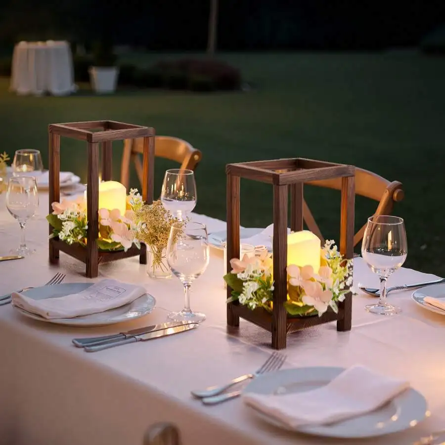 24 Pcs Wooden Wedding Lantern, Cedar Wood And Plastic Wooden Lantern Candle Holder, Rustic Decorative Home Centerpiece Ideal For