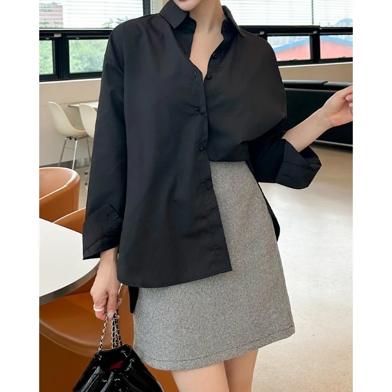 French Style Loose Shirt Back Slit Tie Design Women's Long Sleeve Button up Casual Fashion Autumn Collection Chinese Origin