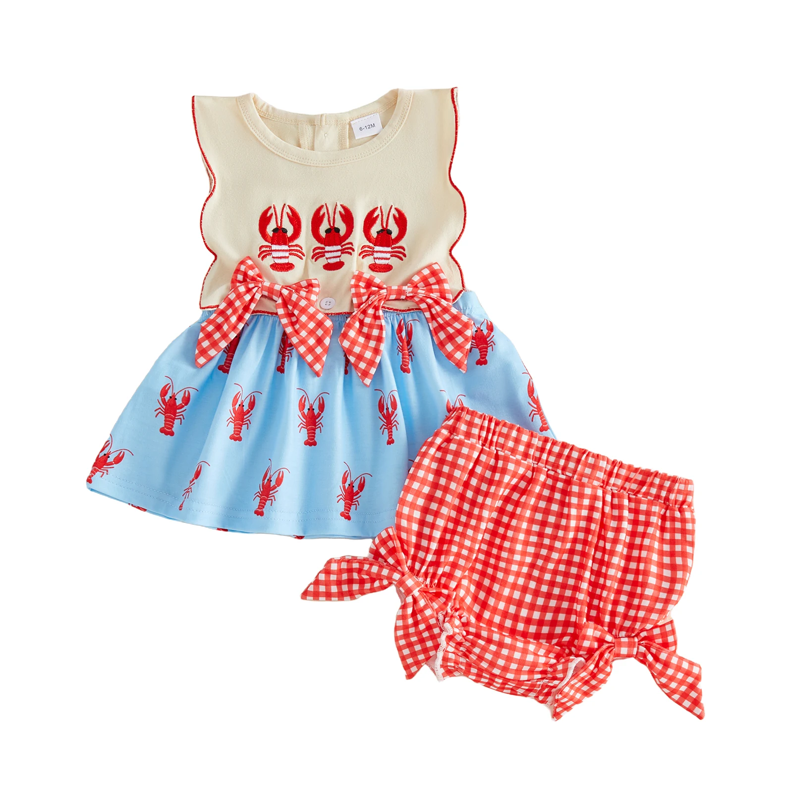 Baby Girl Crawfish Outfit Bows Lobster Embroidered Sleeveless Tops and Plaid Bloomers 2 Piece Summer Set