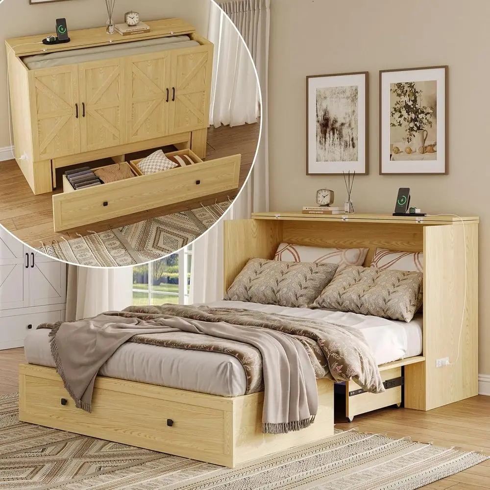 ull Size Murphy Bed with Charging Station, Wall-Mounted Hideaway Bed with oldable Panel or Home Oice, Small Rooms, Gt Bedrooms,