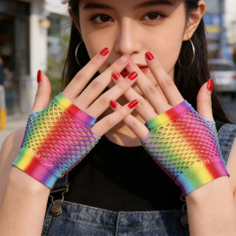 Nightclub Sexy Fishing Net Gloves Rainbow Neon Party Punk Half Finger Gloves Women Disco Dance Costume Long Mitten