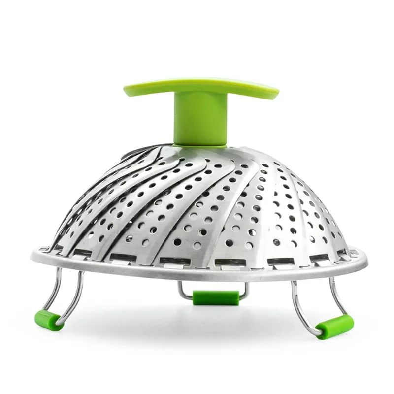 Steamer (green handle) Stainless steel Lishui rack, telescopic folding steamer folding feet 9 inches