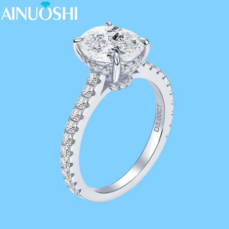 

AINUOSHI S925 Sterling Real Silver Classic Engagement Rings for Couple D 3.00CT Oval Cut Moissanite Ring for Women Fine Jewelry