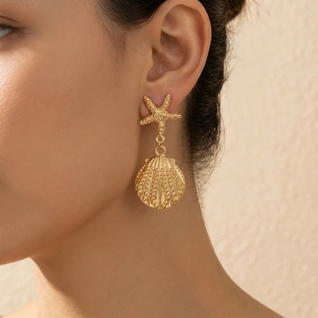 Böhmische Muschel-Seestern-Ohrhänger für Frauen Romantische Vergoldete Stern-Tropfenohrringe Sommer-Party-Schmuck Geschenk