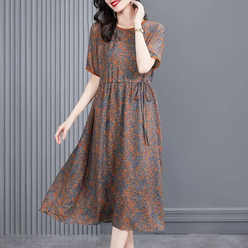 2023 New Summer Fashion Trend Art Retro Commuting Simple Round Neck Print Lace Up Waist Slim Holiday Relaxed Loose Fit Dress