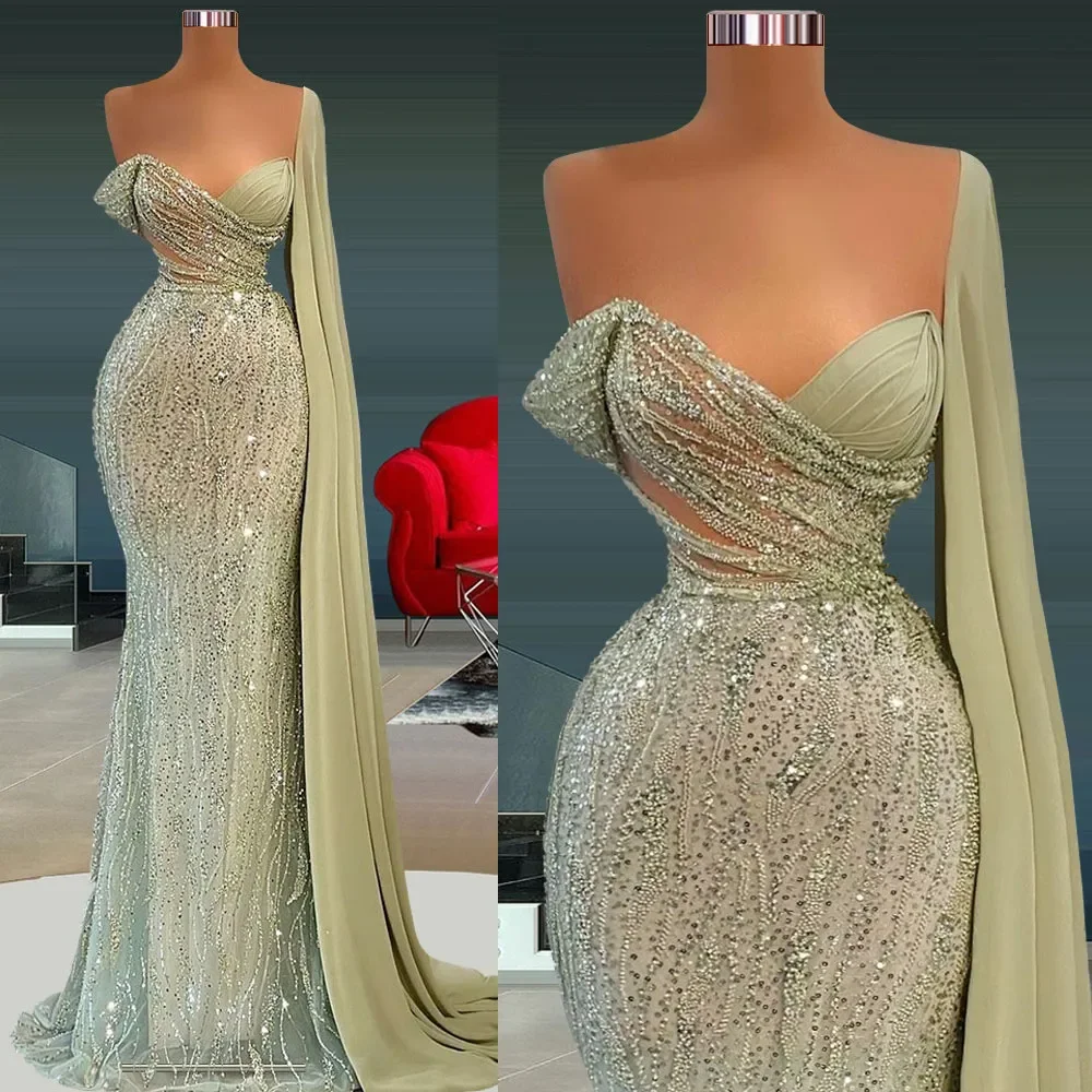 

Sexy Mermaid Prom Dresses One Shoulder Sleeveless Applique Sequins Elegant Formal Party Evening Gowns Arabic Vestidos De Fieast