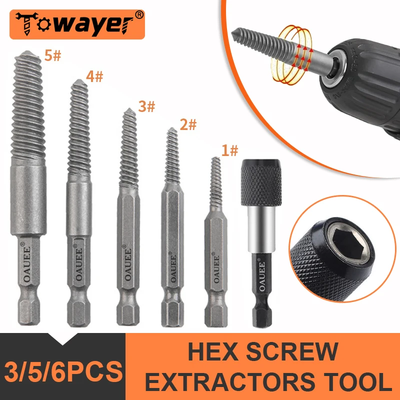 3/5/6pcs Hex Screw Extractors Tool Broken Damaged Screw Extractor Drill Bit Set Broken Bolt Remover Easy Out Set Power Tool