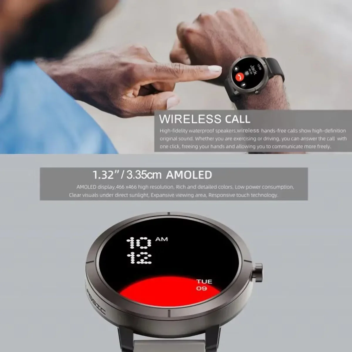 

Умные часы с GPS для мужчин, водонепроницаемые (5ATM), с сенсорным экраном, компасом, альтиметром, барометром, AMOLED-дисплей 1.32 дюйма, Bluetooth-браслет