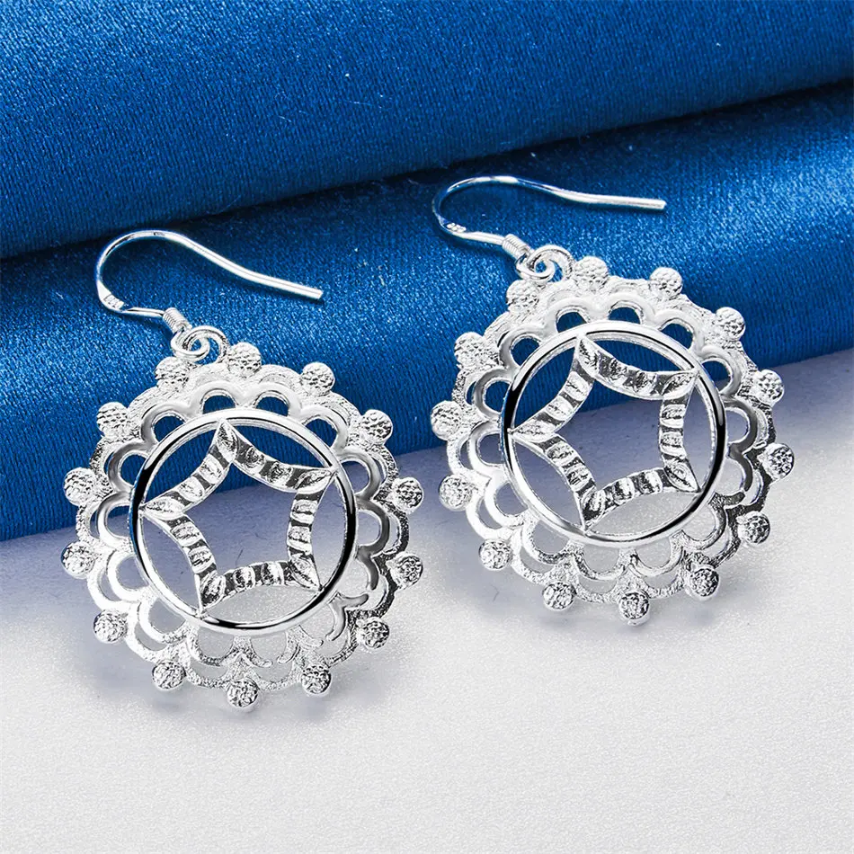 925 Sterling Silver Exquisite Hollow Five-Pointed Star Lace Earrings Women's Gift Wedding Accessories Fashion Jewelry