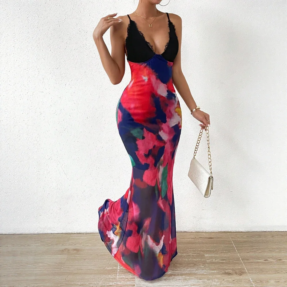 女性のサマードレス蒸し暑いエレガンス花柄 V ネック半袖フィットウエストマーメイドシルエットパーティーウェア ​