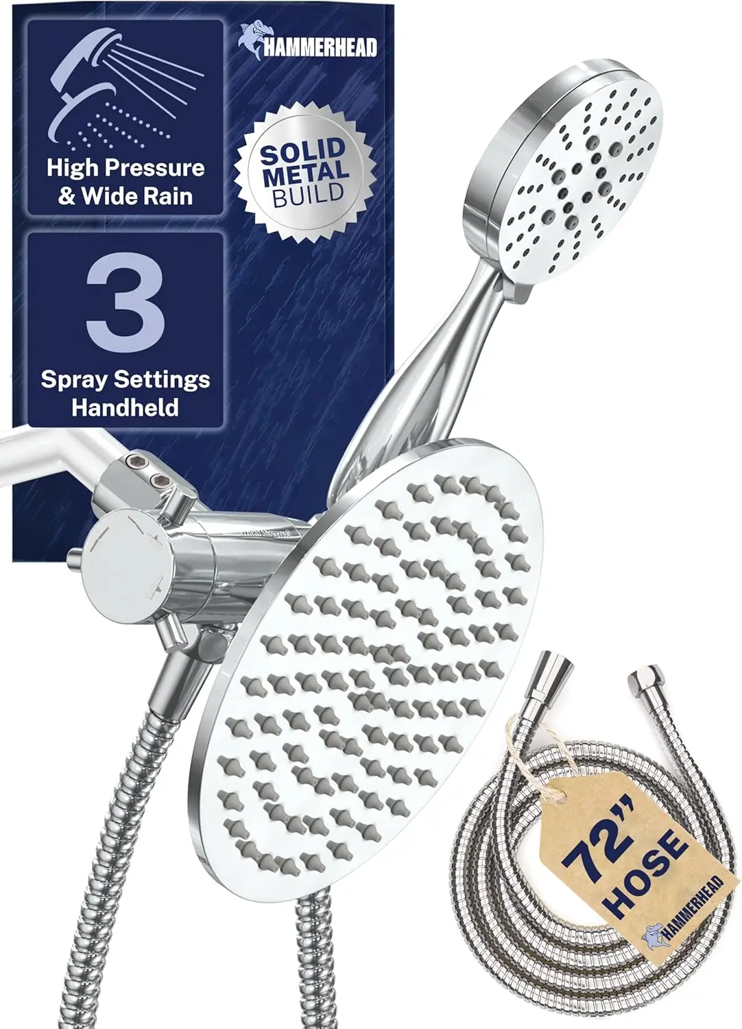

Dual Shower Head Combo: 8-Inch Rainfall & Handheld with 3 Spray Modes, Chrome Finish, 2.5 GPM