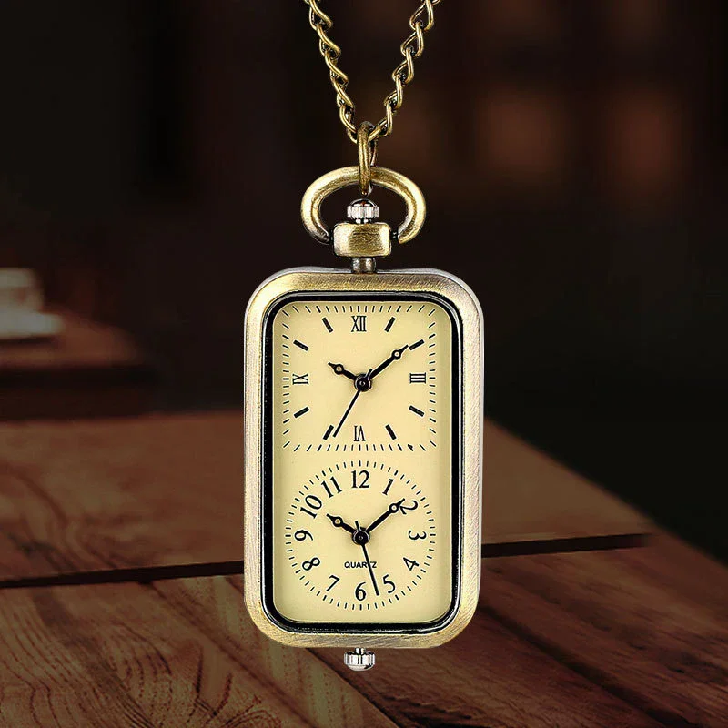 

Изысканные часы, бронзовый брелок, карманный квадратный ретро, двойной часовой механизм, кварцевый без крышки, подвеска в античном стиле