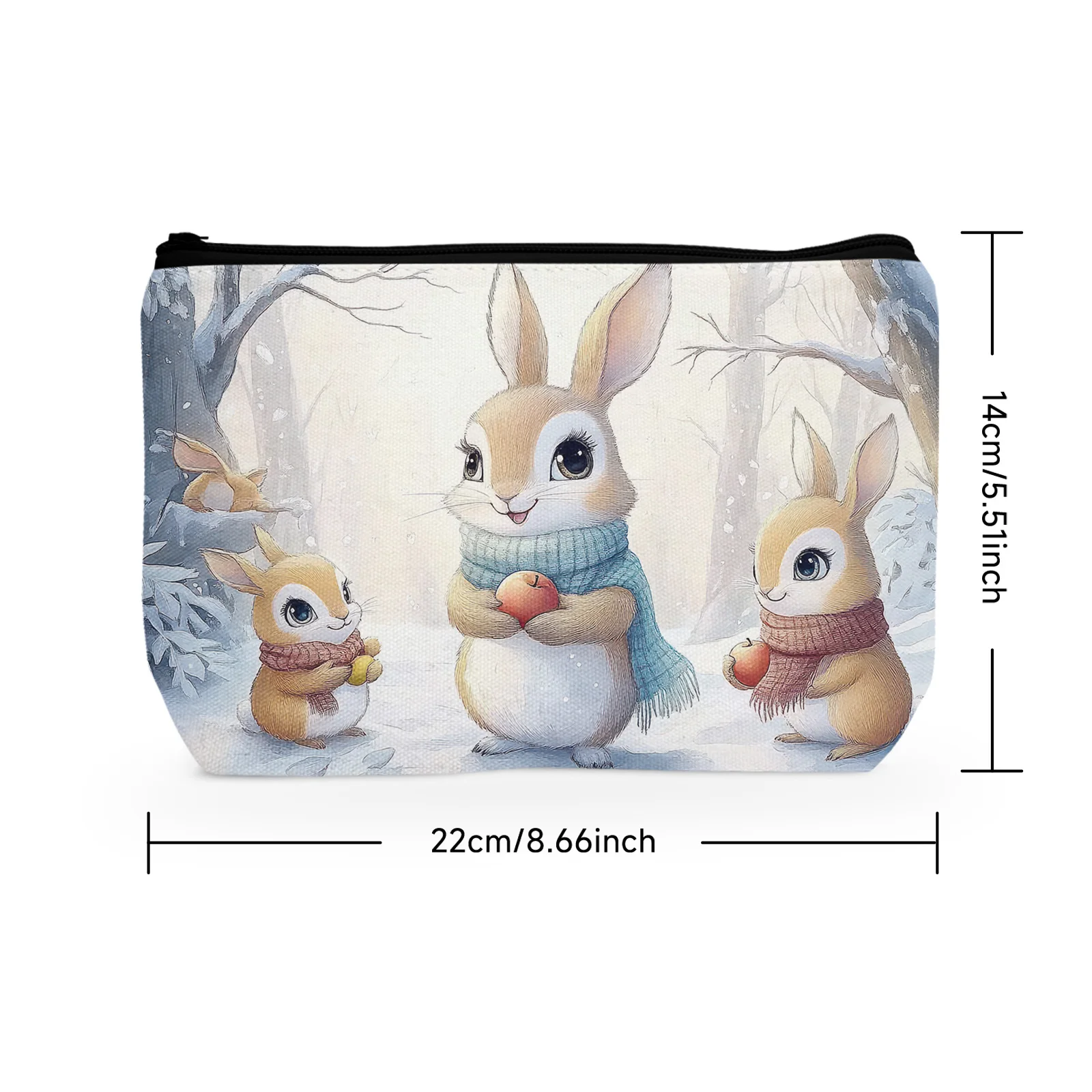 1Pc Rabbit Wearing Scarf In Snowy Weather Cosmetic Bag Cute Animal Foraging In Snowy Weather Cosmetic Bag