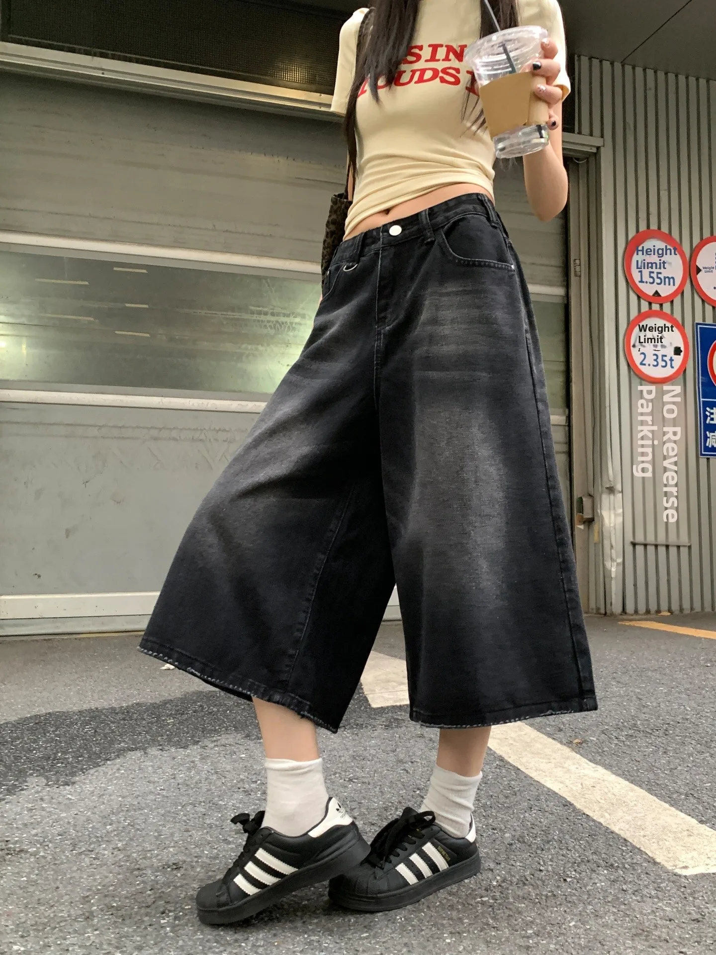 

American Style Retro Washed Black Grey Denim Jeans Women Summer Versatile Loose Slim Straight Tube High Waist Cotton Polyester
