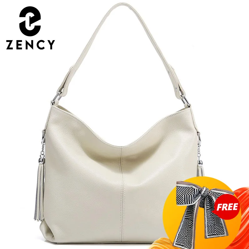 Zency Elegant Beige Women Genuine Leather Handbag Hobo Bag Fashion Crossbody Tassel Big Capacity Shopper Tote Purse Sac Hot Sale