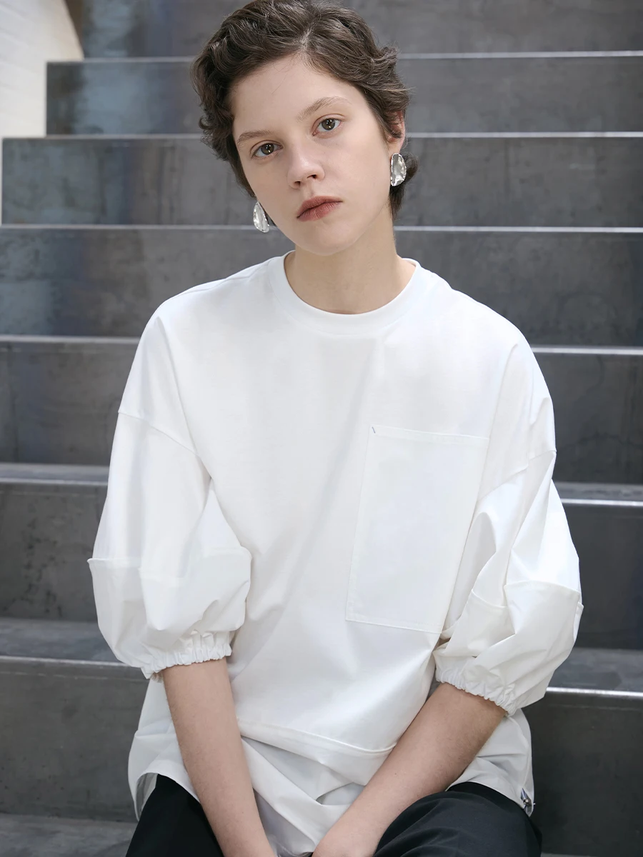 

Оригинальная футболка MeeMeeLab Ele Gentleman с коротким рукавом, круглым вырезом, рукавами-фонариками, в стиле пэчворк, из смесового хлопка, летний топ