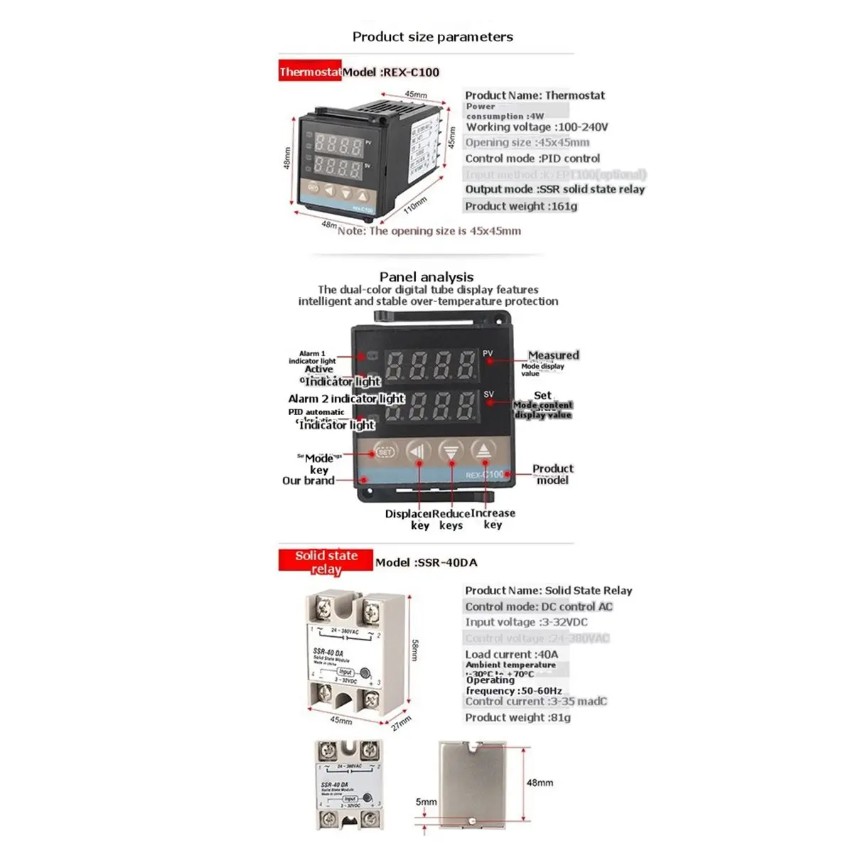 Y60A NEW-REX-C100 Digital PID Thermostat Temperature Controller Digital REX-C100/ 40DA SSR Relay/K Thermocouple Probe