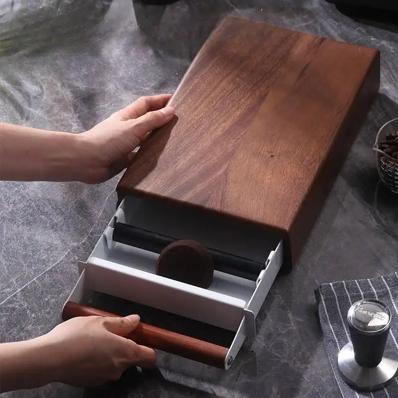 Walnut Coffee Knock Box Espresso Knocker Drawer Coffee Residue Powder Box for coffee bar Stainless Steel Coffee Ground Container