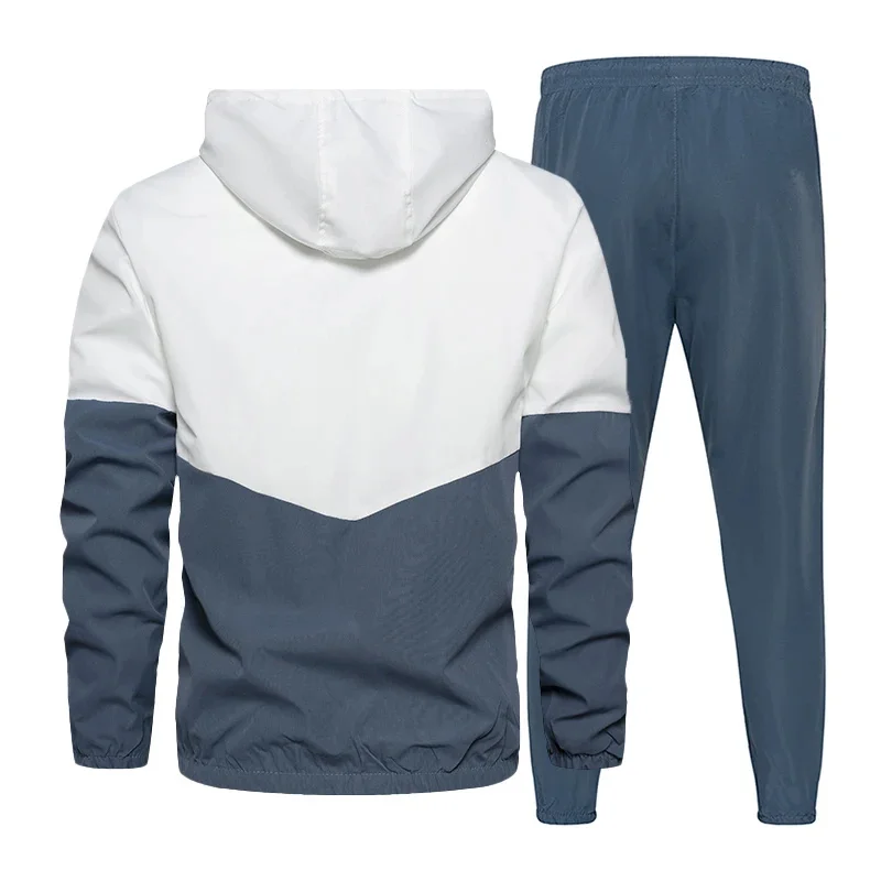 Casual Patchwork Tracksuit for Men Fashion Spring Autumn Hooded Zipper Jackets and Sweatpants Two Pieces Suits Male Sportswear