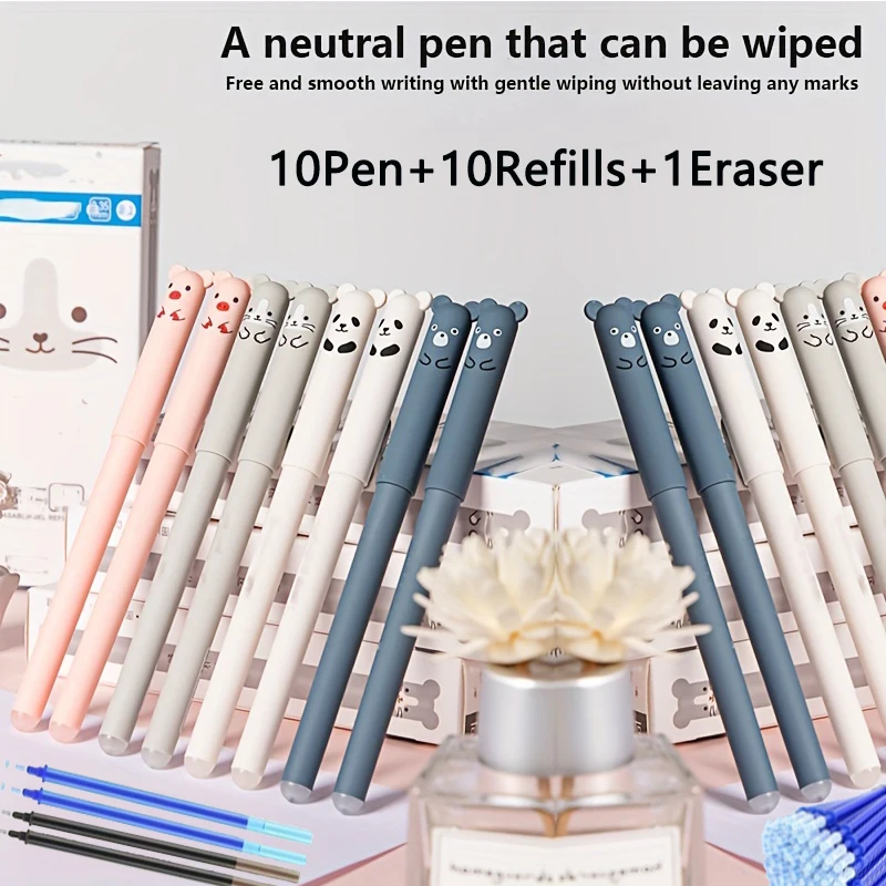 Animals Pig Bear Panda Mouse Erasable Gel Pens Set 0.5mm Washable Handle Blue Black Ink Refill Rod for Office Writing Stationery