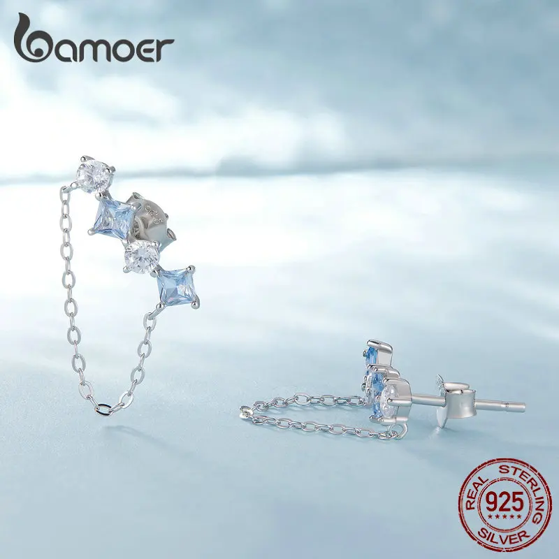 Bamoer 925 Sterling Silver Chain Pendant Stud Earring for Women  Delicate Zircon Hoop Earring drop Earings Birthday Jewelry Gift image 4