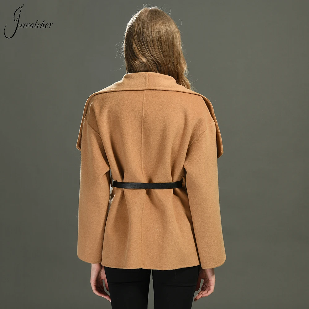 Jxwatcher Wool Coats for Women Real Fox Fur Pocket Ladies Fashion Double Face Cashmere Jacket with Belt Autumn Winter Coat New